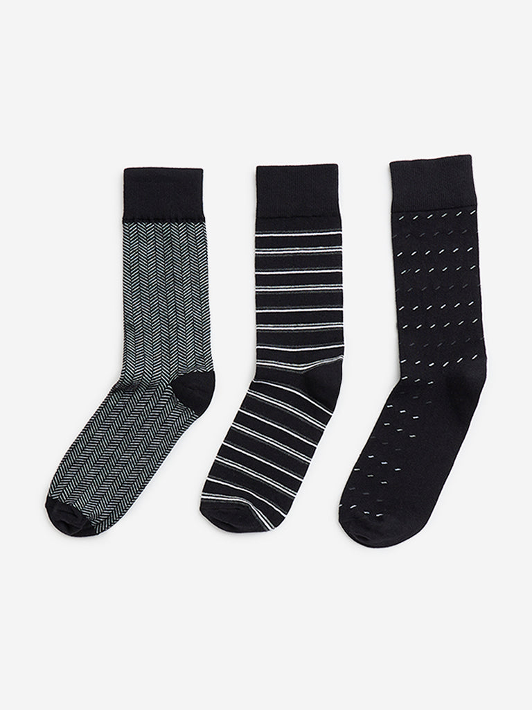 WES Lounge Black Full-Length Cotton Socks - Pack of 3