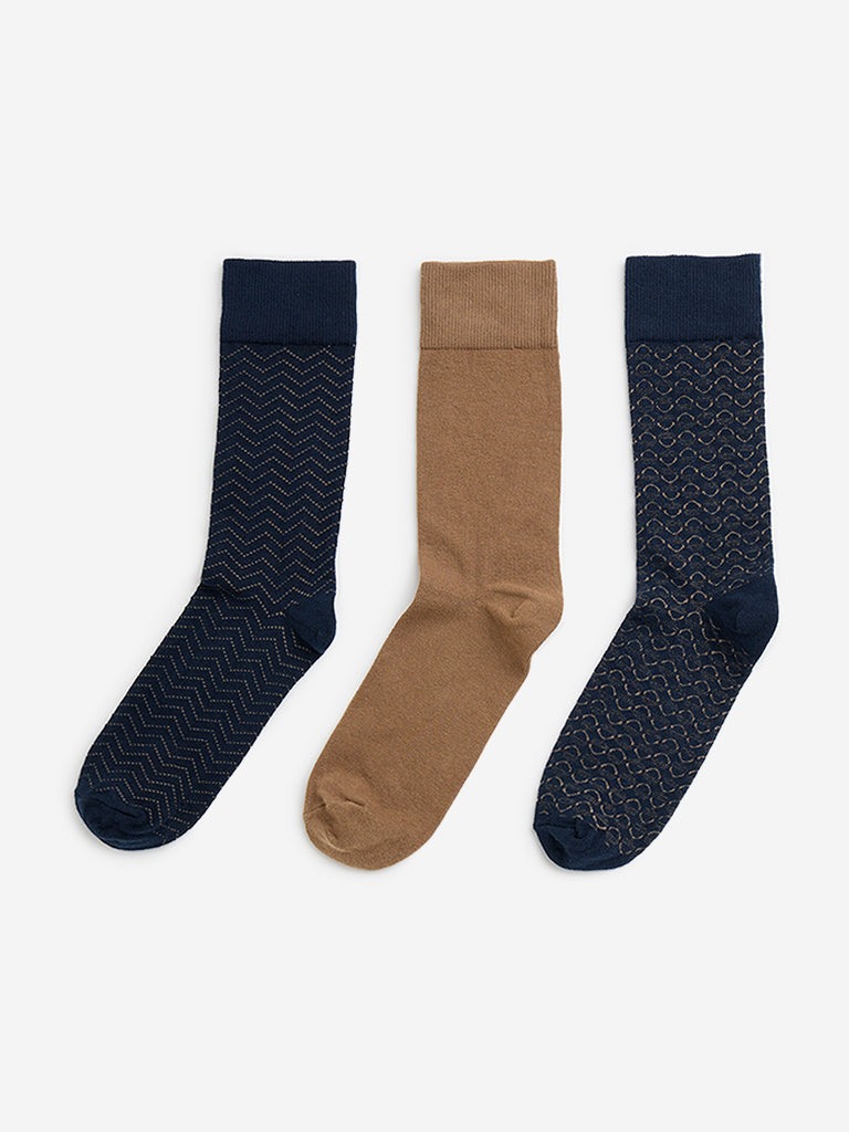 WES Lounge Navy Print Full-Length Cotton Socks - Pack of 3