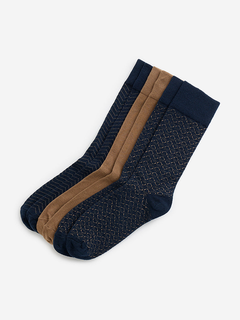 WES Lounge Navy Print Full-Length Cotton Socks - Pack of 3