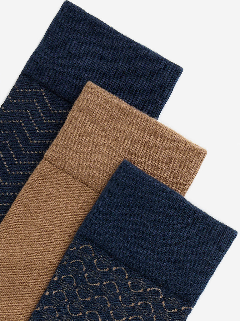 WES Lounge Navy Print Full-Length Cotton Socks - Pack of 3