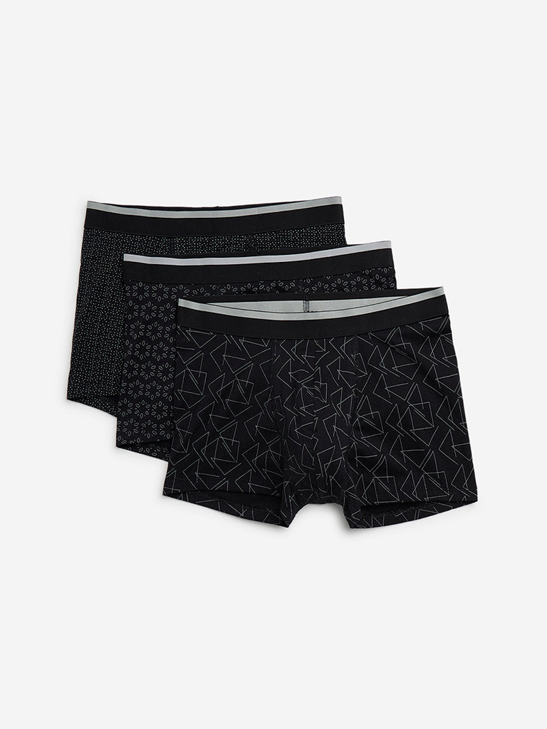 WES Lounge Black Printed Cotton Blend Trunks - Pack of 3