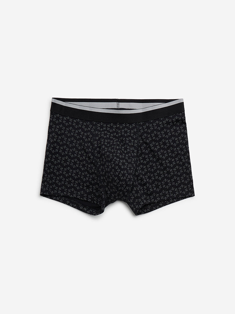 WES Lounge Black Printed Cotton Blend Trunks - Pack of 3