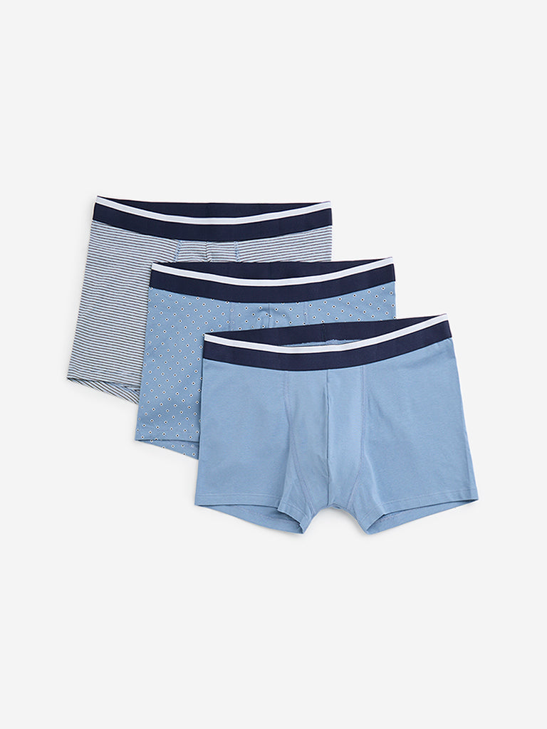 WES Lounge Blue Striped Cotton Blend Trunks - Pack of 3