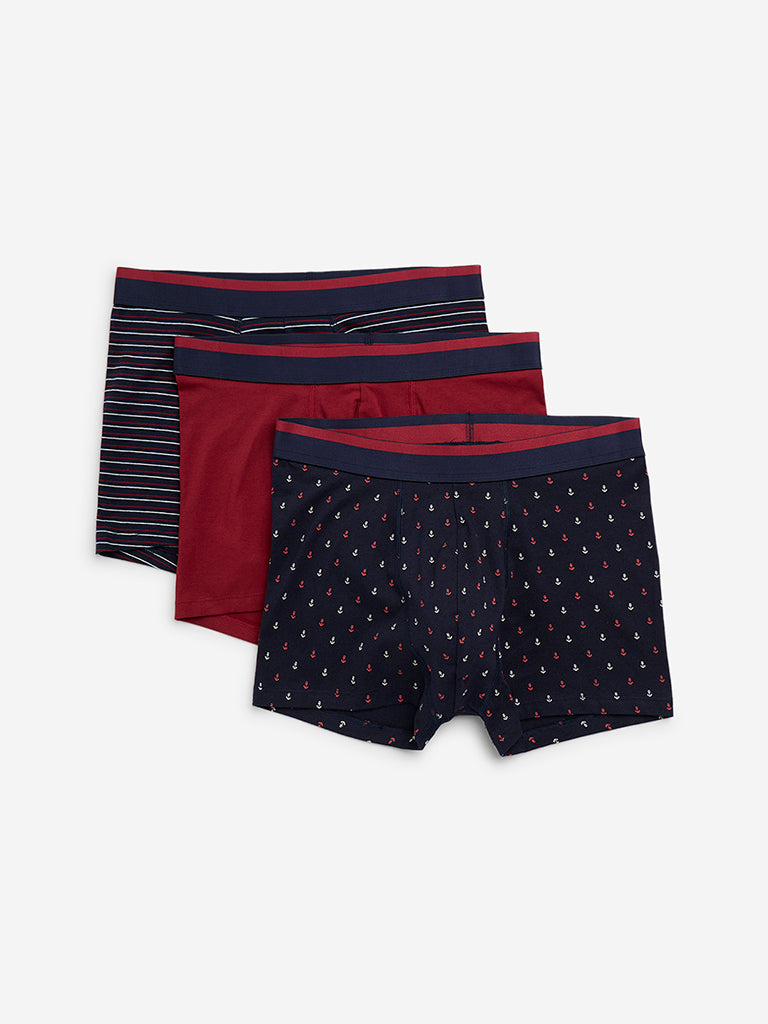 WES Lounge Red Printed Cotton Blend Trunks - Pack of 3