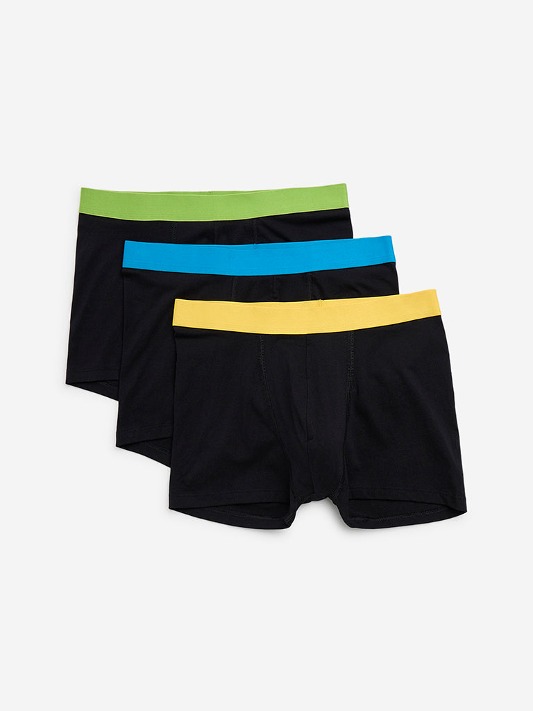 WES Lounge Black Solid Cotton Blend Trunks - Pack of 3