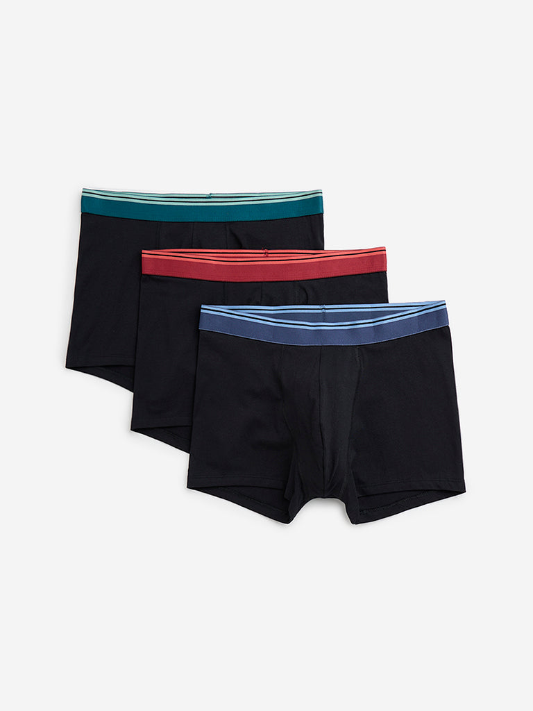 WES Lounge Black Striped Cotton Blend Trunks - Pack of 3