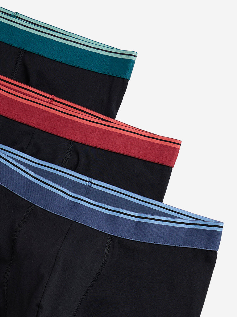 WES Lounge Black Striped Cotton Blend Trunks - Pack of 3