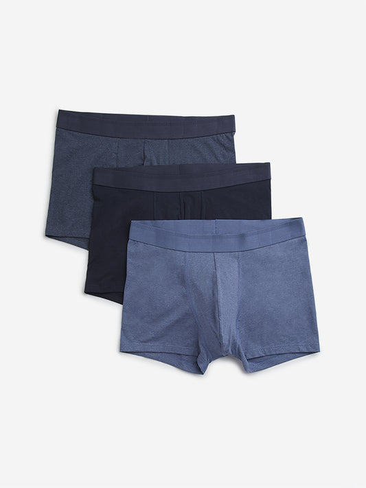 WES Lounge Blue Solid Cotton-Blend Trunks - Pack of 3