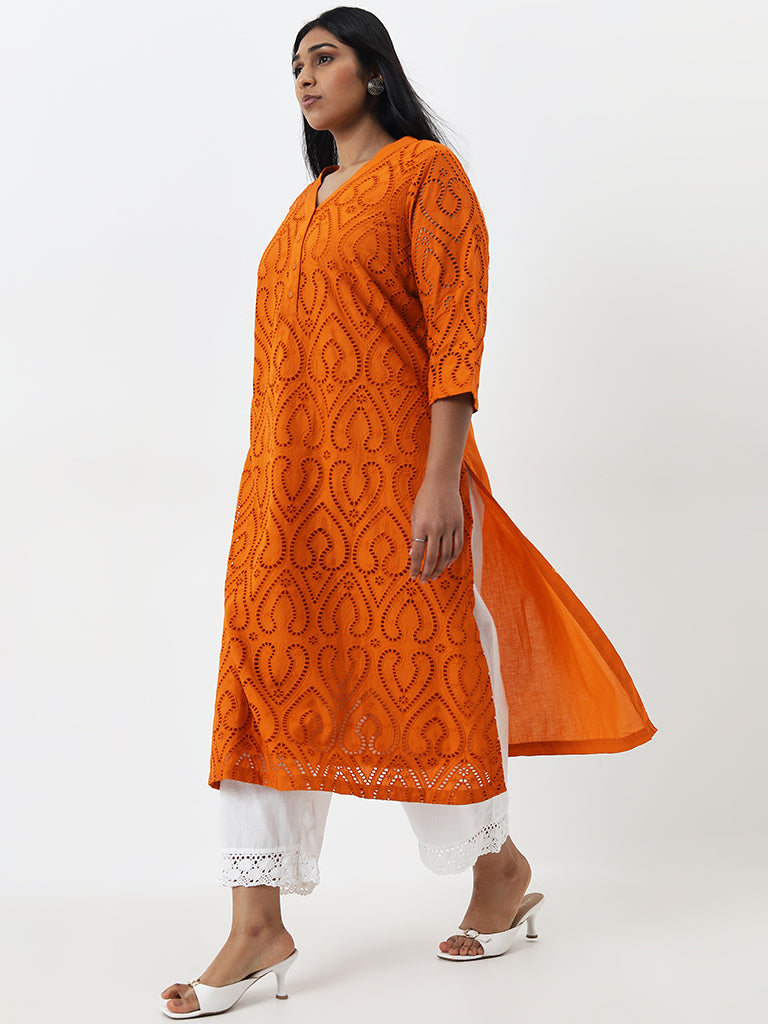 Diza Orange Schiffli Design Cotton A-Line Kurta