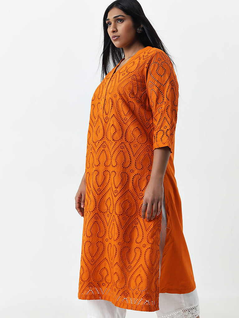 Diza Orange Schiffli Design Cotton A-Line Kurta