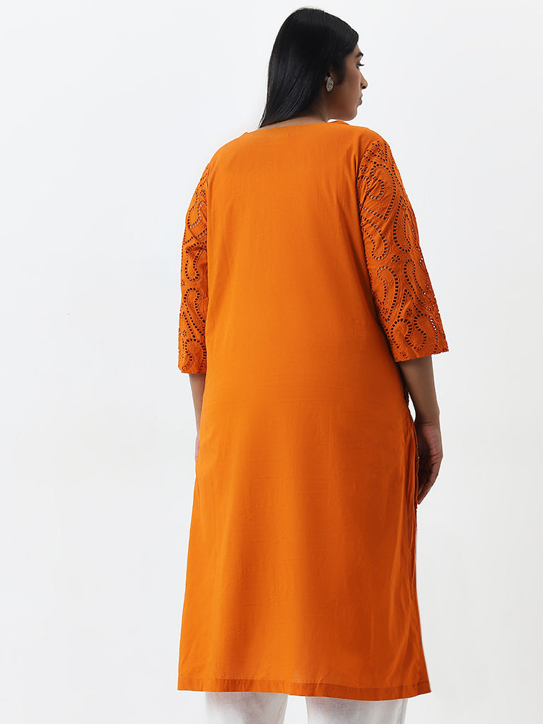 Diza Orange Schiffli Design Cotton A-Line Kurta