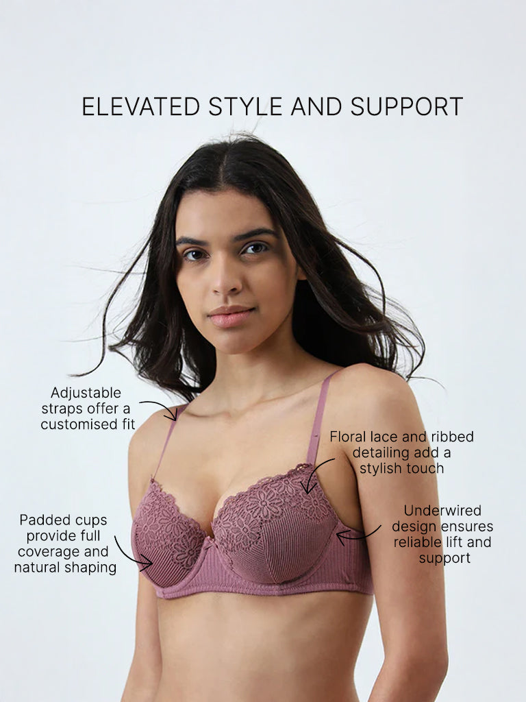 Wunderlove Mauve Floral Lace Underwired Bra