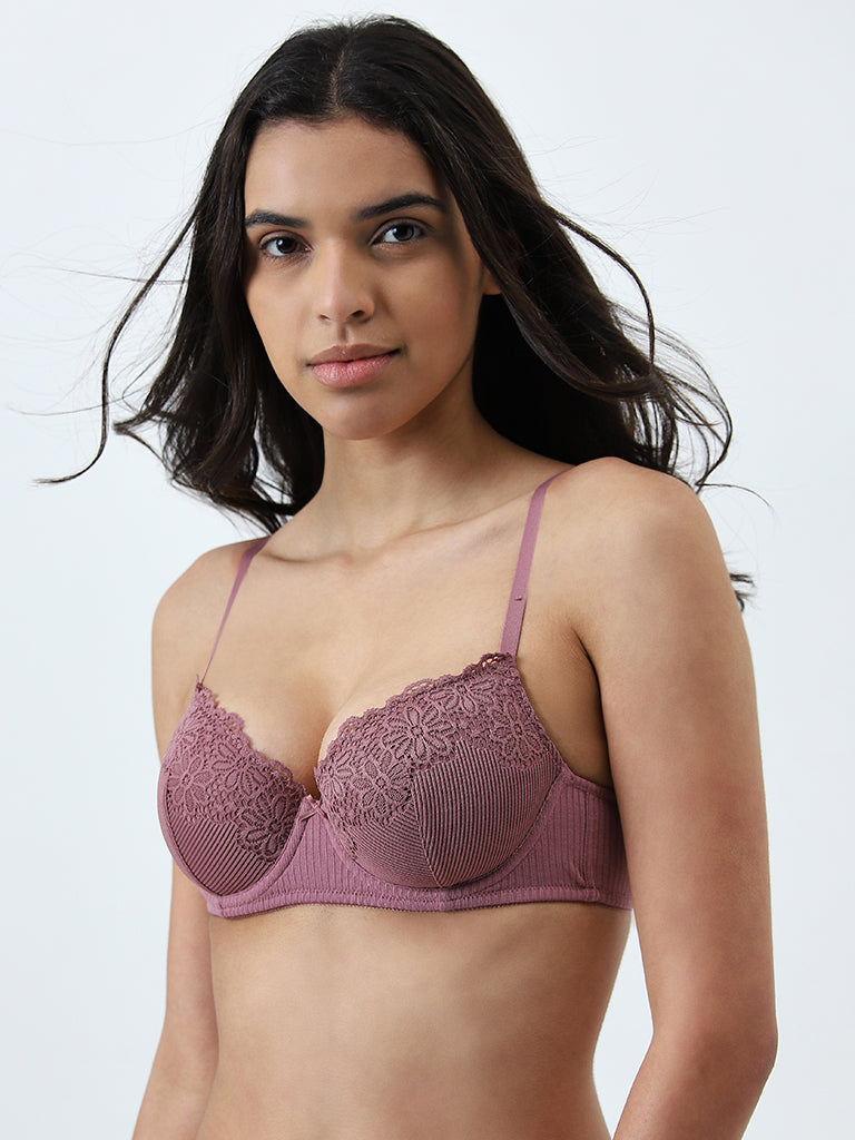 Wunderlove Mauve Floral Lace Underwired Bra