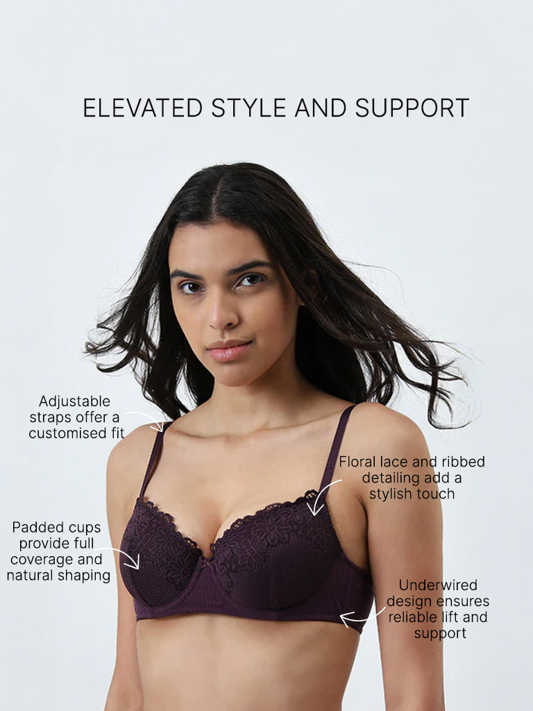 Wunderlove Purple Floral Lace Underwired Bra