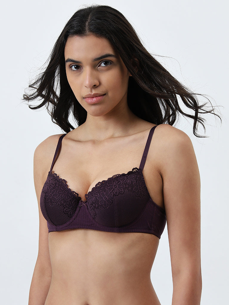 Wunderlove Purple Floral Lace Underwired Bra