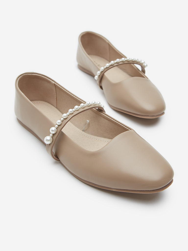 Buy LUNA BLU Taupe Pearlescent Mary Jane Shoes from Westside