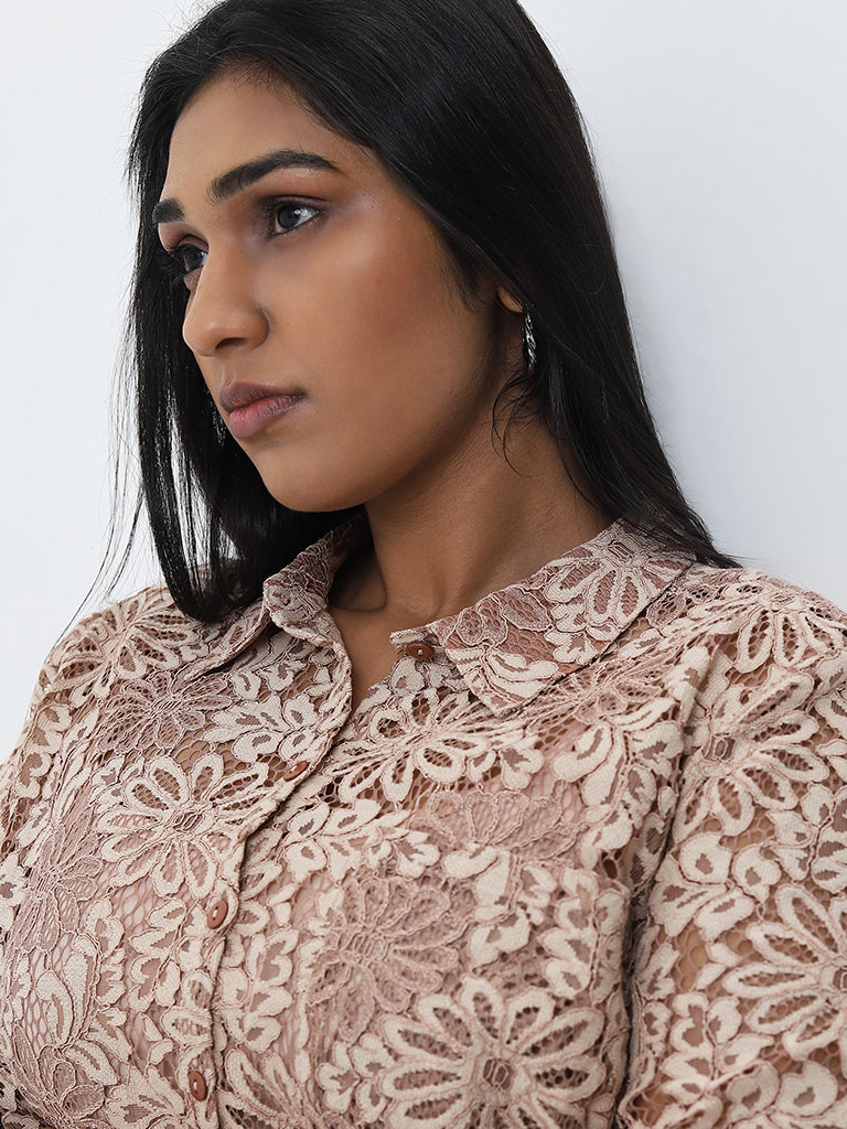 Gia Beige Floral Lace Design Shirt with Camisole