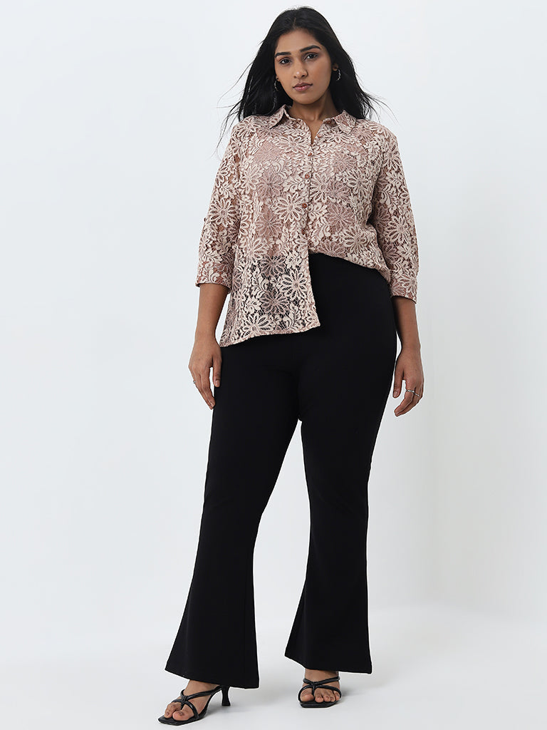 Gia Beige Floral Lace Design Shirt with Camisole