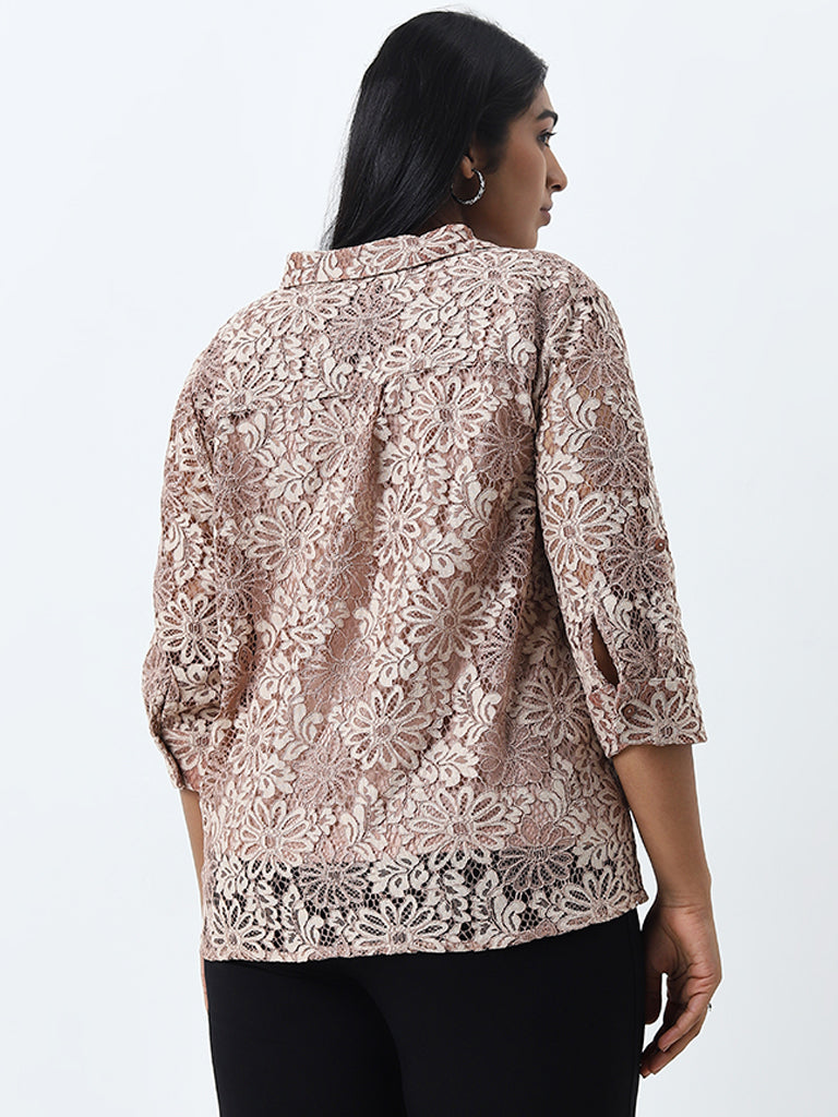 Gia Beige Floral Lace Design Shirt with Camisole