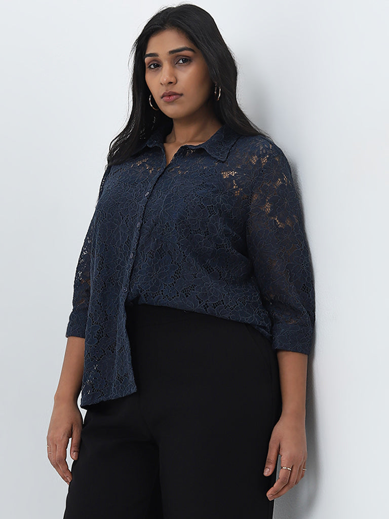 Gia Navy Floral Lace Design Shirt with Camisole