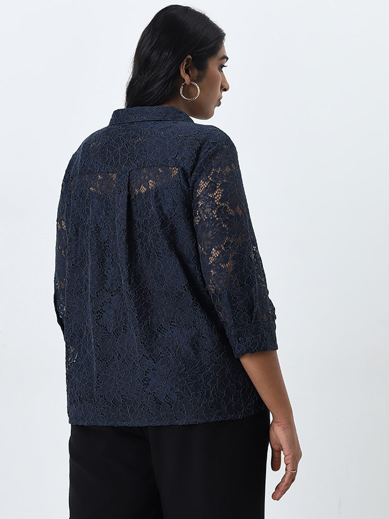 Gia Navy Floral Lace Design Shirt with Camisole