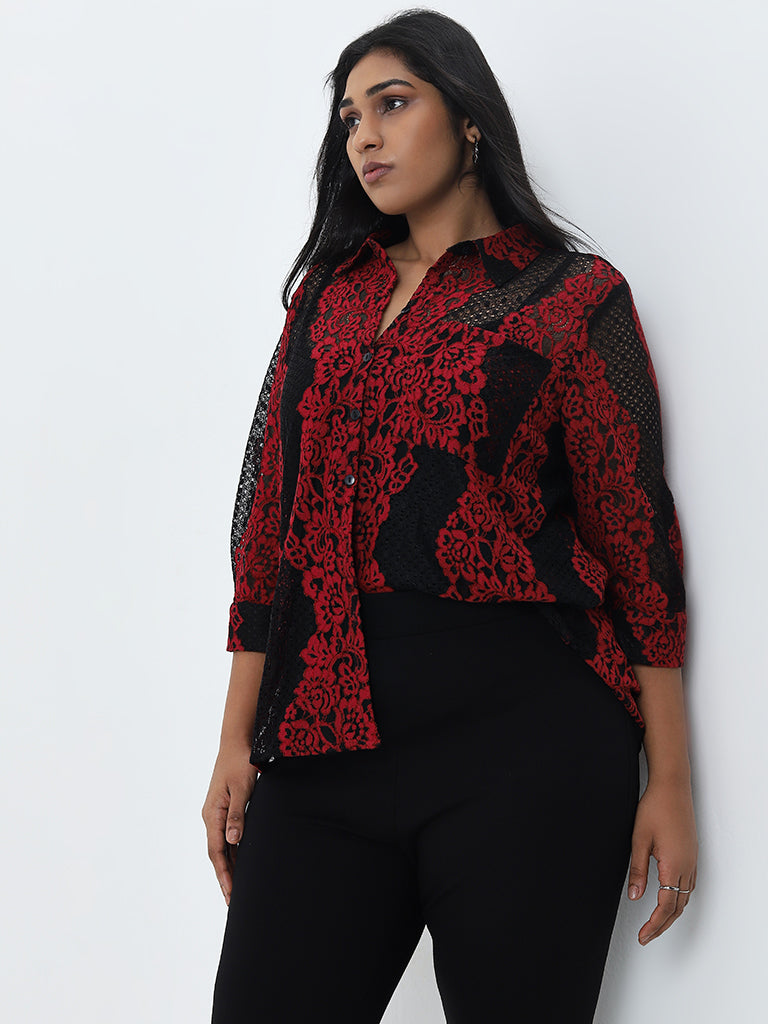 Gia Black & Red Floral Lace Shirt with Camisole