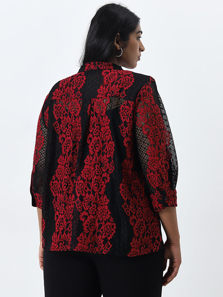 Gia Black & Red Floral Lace Shirt with Camisole