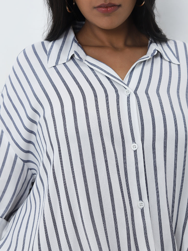 Gia White Stripe Printed Front Knot Cotton Shirt