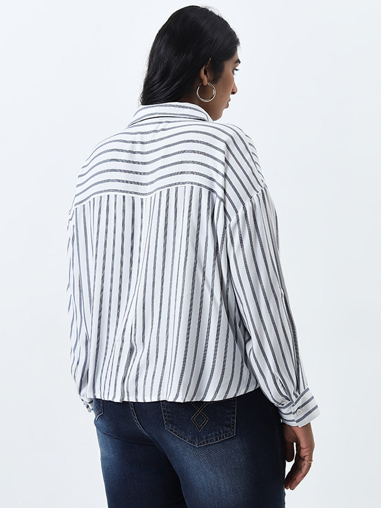 Gia White Stripe Printed Front Knot Cotton Shirt