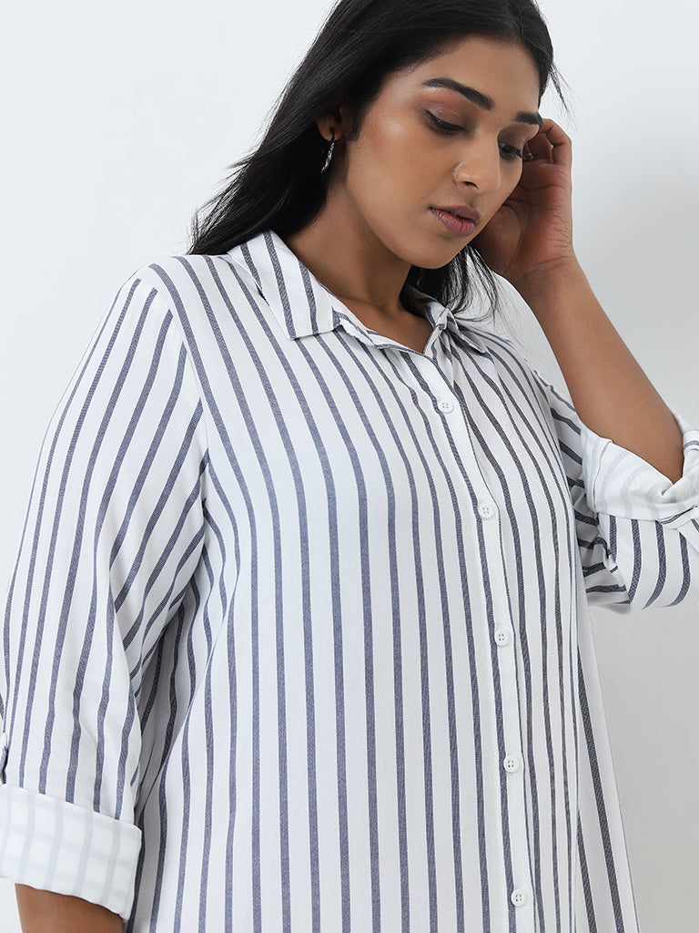 Gia Blue Stripe Patterned Cotton Shirt Dress