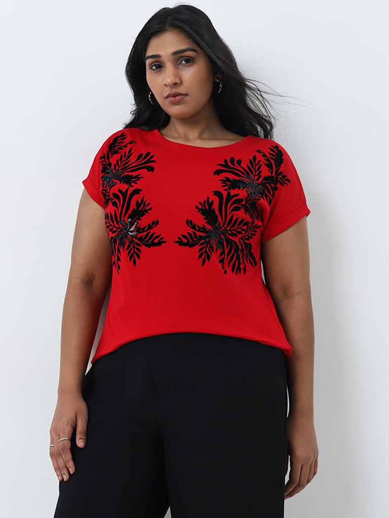 Gia Red Floral Printed Cotton T-Shirt