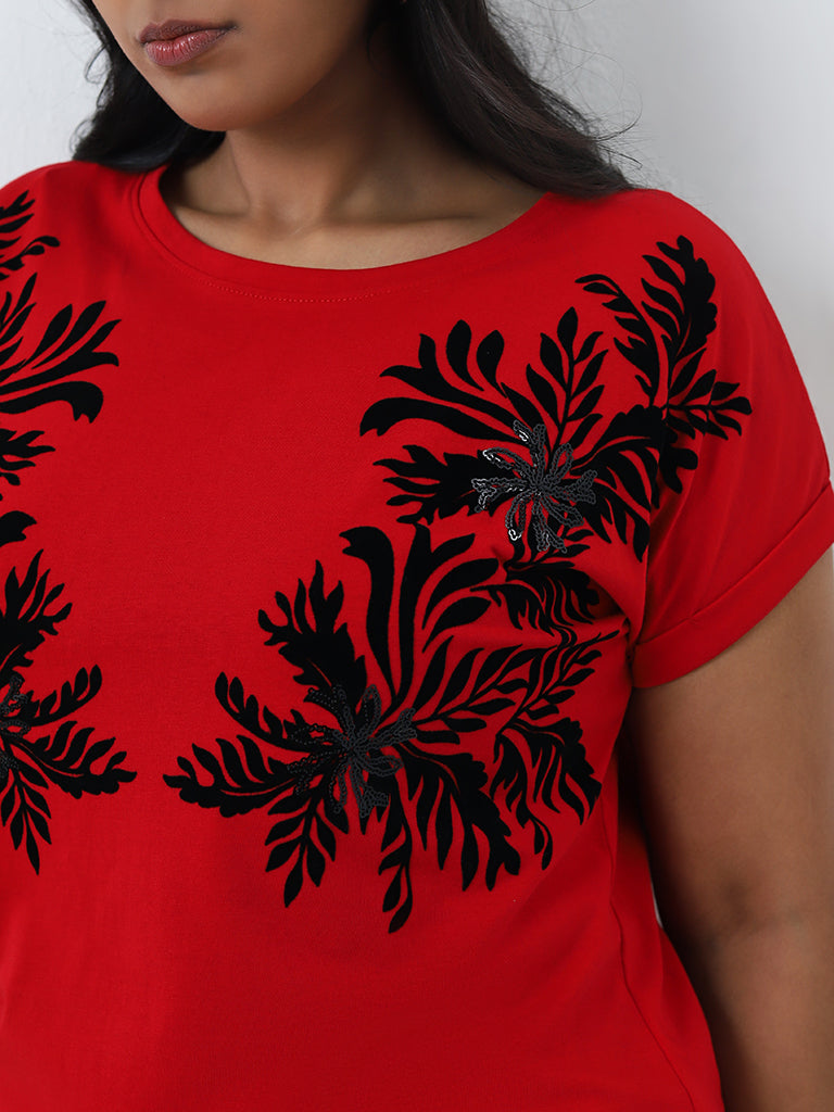 Gia Red Floral Printed Cotton T-Shirt