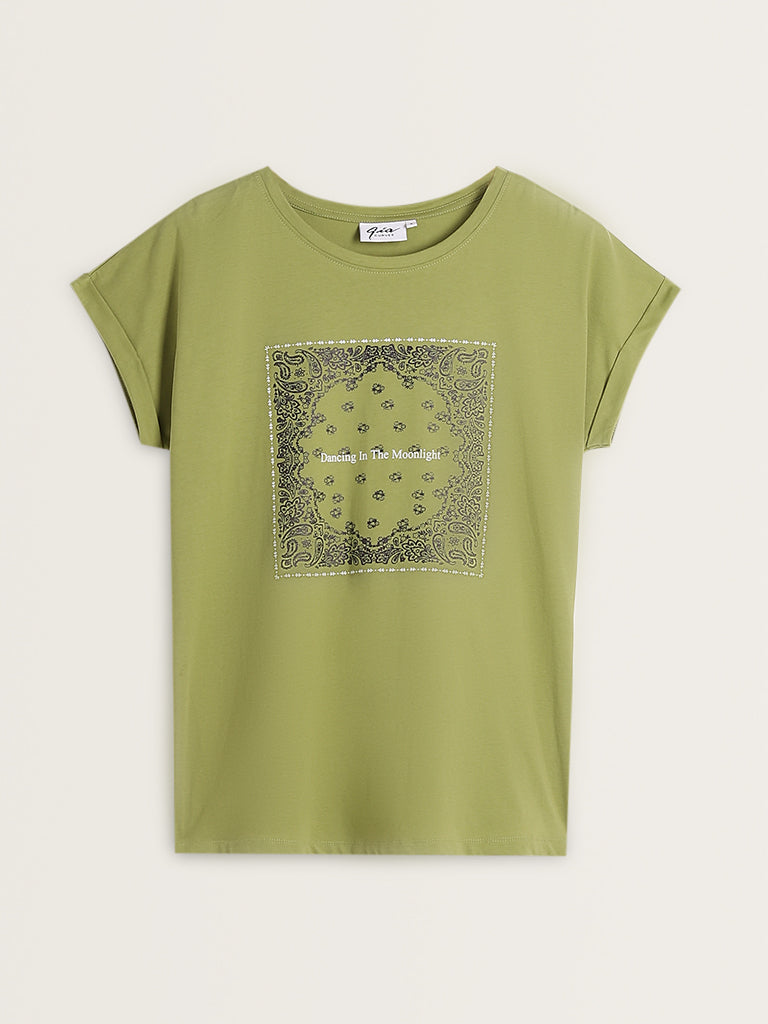 Gia Green Text Printed T-Shirt