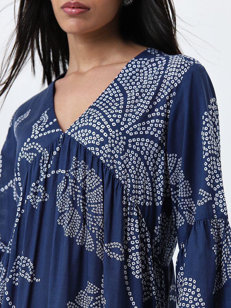 Utsa Blue Bandhani Printed A-Line Dress