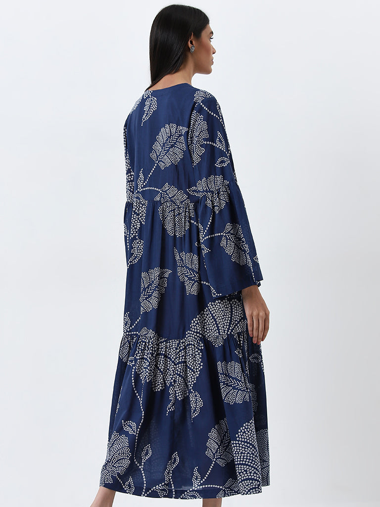 Utsa Blue Bandhani Printed A-Line Dress