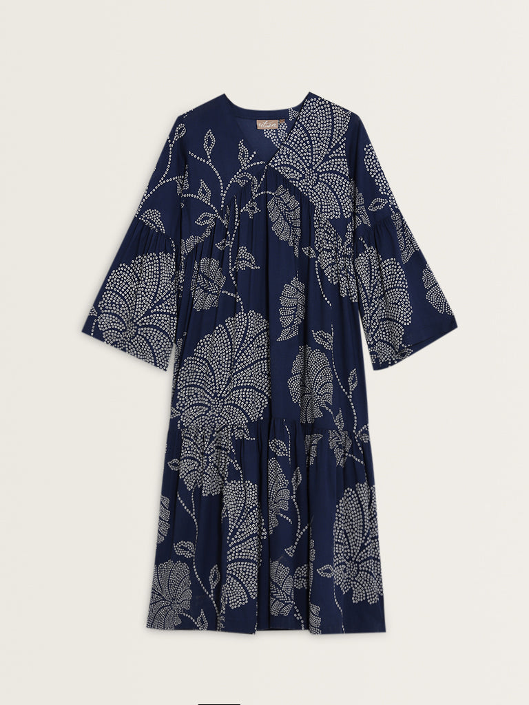 Utsa Blue Bandhani Printed A-Line Dress