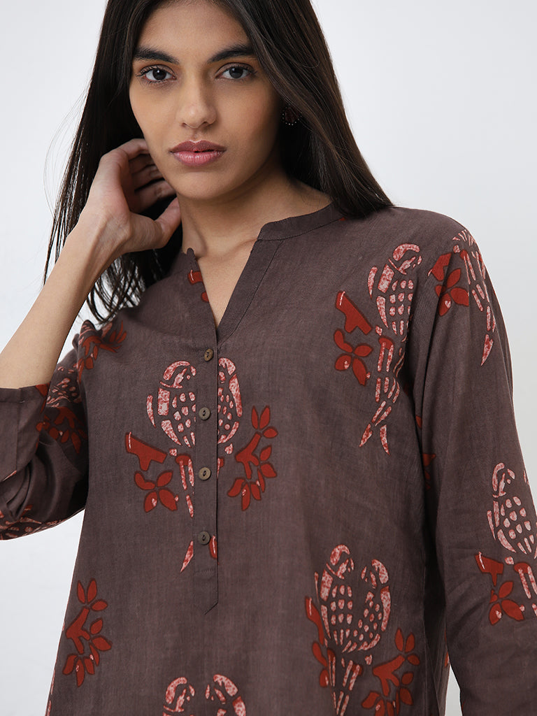 Utsa Brown Abstract Printed Straight Cotton Kurta