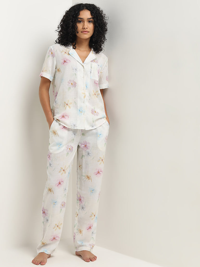 Wunderlove White Floral Cotton Shirt with Pyjamas Set