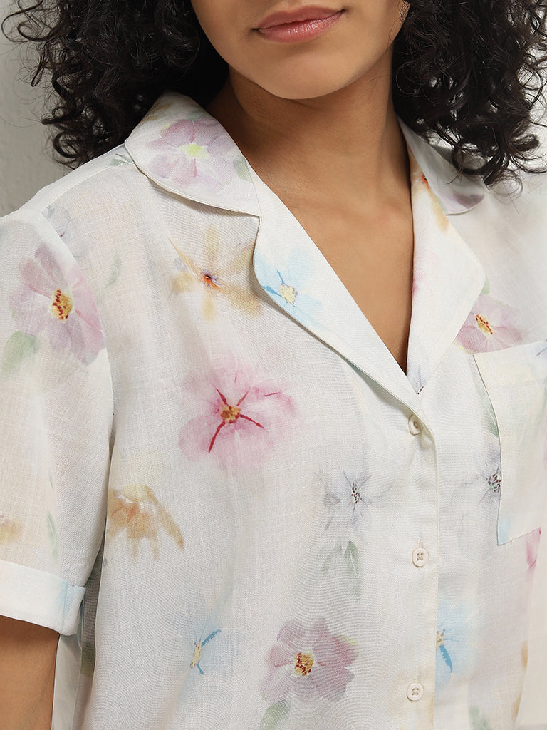 Wunderlove White Floral Cotton Shirt with Pyjamas Set