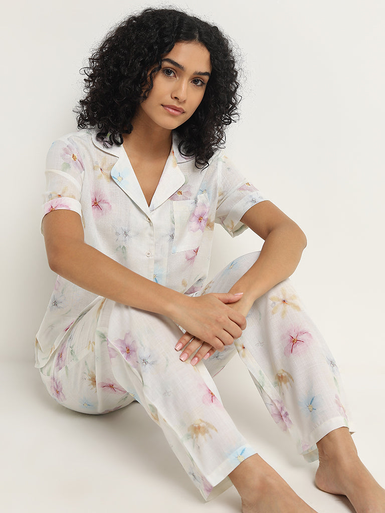 Wunderlove White Floral Cotton Shirt with Pyjamas Set