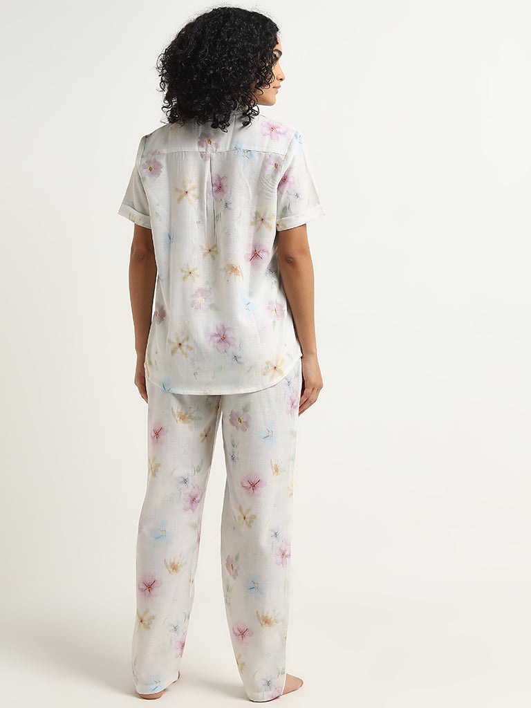 Wunderlove White Floral Cotton Shirt with Pyjamas Set