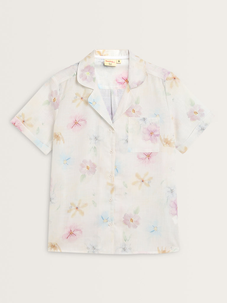 Wunderlove White Floral Cotton Shirt with Pyjamas Set