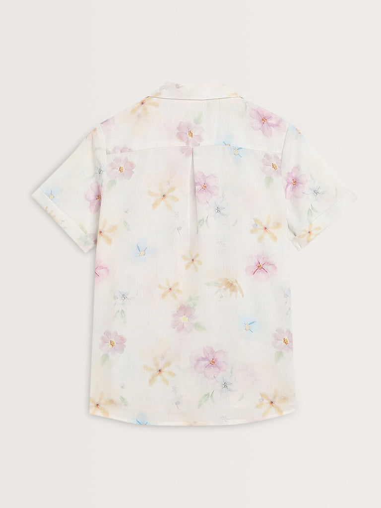 Wunderlove White Floral Cotton Shirt with Pyjamas Set