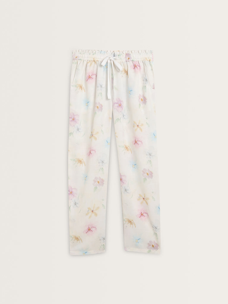 Wunderlove White Floral Cotton Shirt with Pyjamas Set