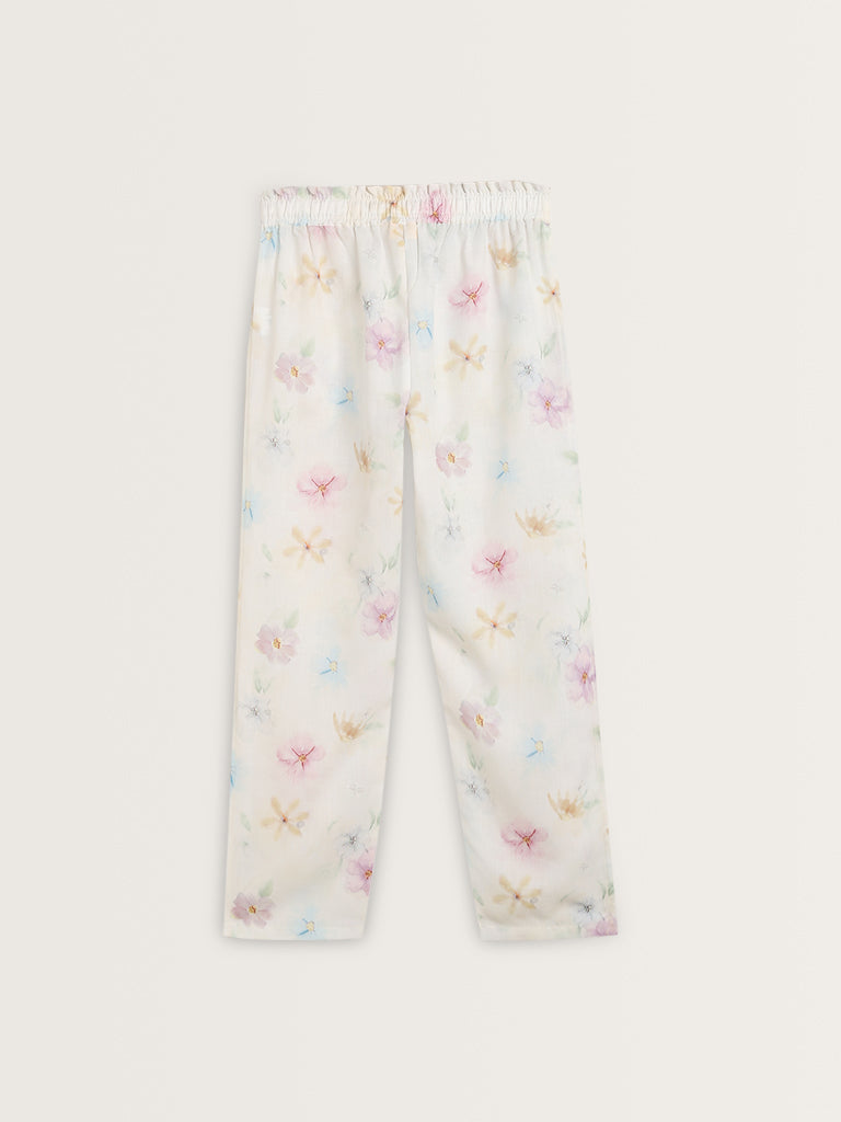 Wunderlove White Floral Cotton Shirt with Pyjamas Set