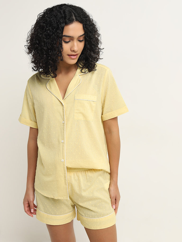 Wunderlove Yellow Textured Cotton Shirt with Shorts Set