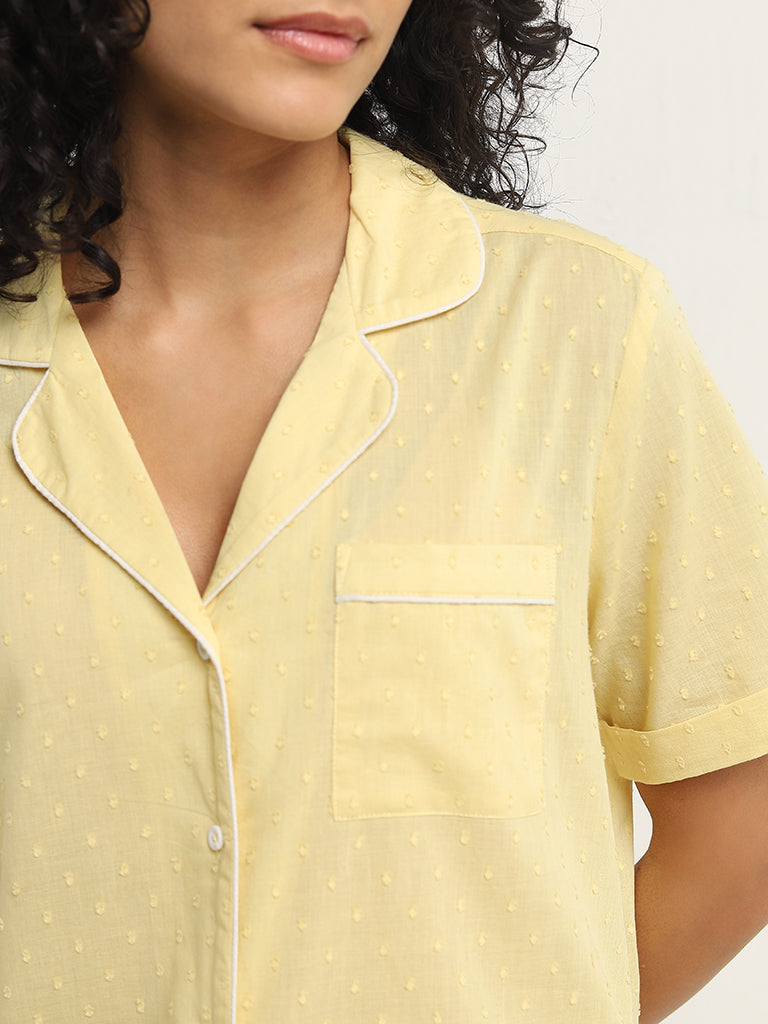 Wunderlove Yellow Textured Cotton Shirt with Shorts Set