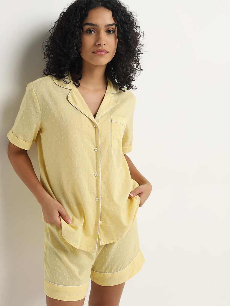 Wunderlove Yellow Textured Cotton Shirt with Shorts Set