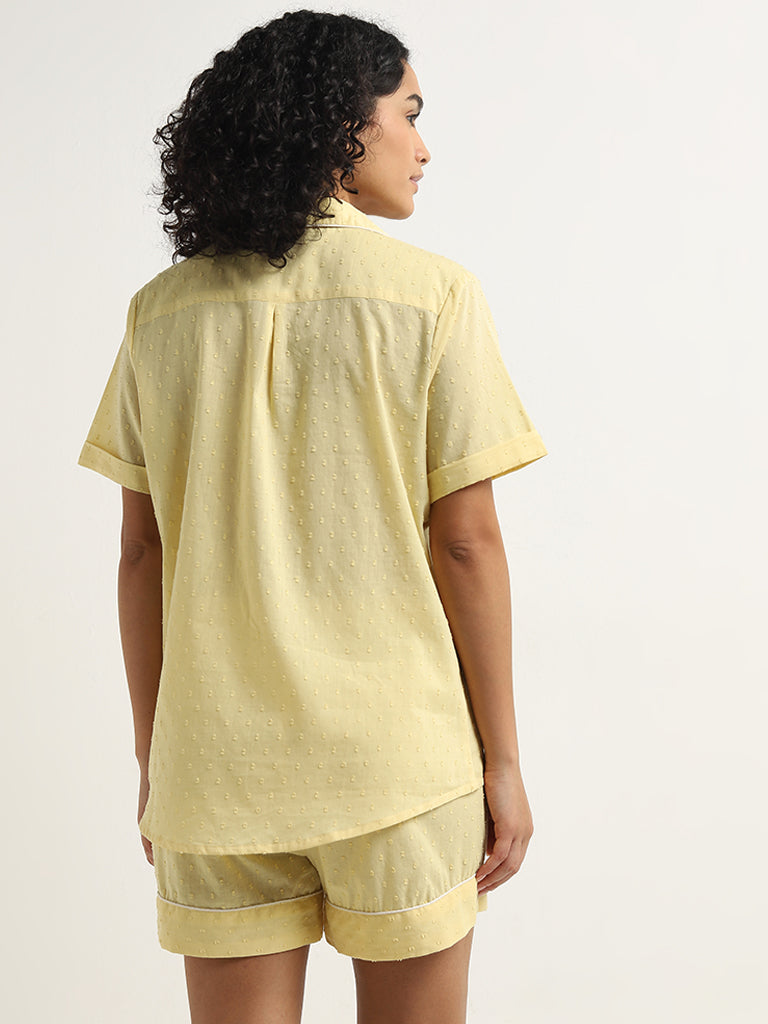 Wunderlove Yellow Textured Cotton Shirt with Shorts Set