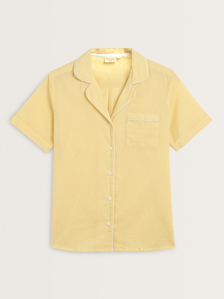 Wunderlove Yellow Textured Cotton Shirt with Shorts Set